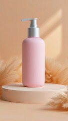 Pink pump bottle with silver pump on pedestal and dried grass
