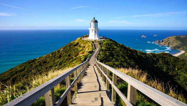 Coastal lighthouse on a grassy hilltop