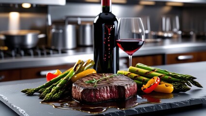 A beautifully presented steak with asparagus and colorful peppers, paired with a glass of red wine, set in a modern kitchen environment.