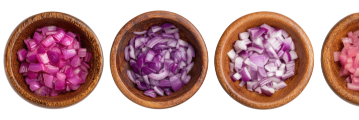 Four wooden bowls holding diced onions in varying shades of purple and pink