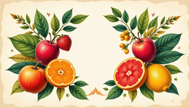Retro botanical poster design with tropical fruits arranged in symmetrical layout