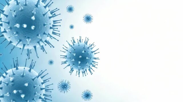 A cluster of blue viruses with spikey exteriors floats against a gradient blue and white background, representing microscopic infectious agents