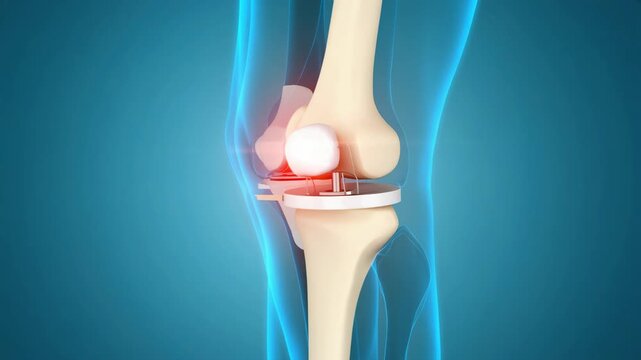 3D Medical Animation of Human Knee Joint with Prosthetic Implant and Pain Highlight