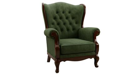 Isolated Green Classic Wingback Chair with Dark Wooden Accents and Transparent Background Photo