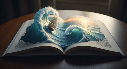 A tale of the high seas unfolds from the pages of an enchanted storybook on a table for national book lovers day