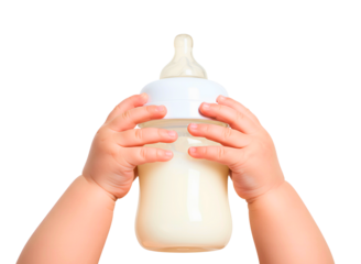 Baby hands holding milk bottle isolated on transparent background