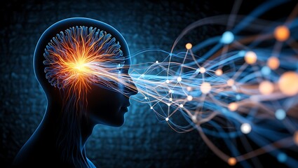 abstract digital illustration of a human head in profile with a glowing, fiery brain sending out a stream of connected data points, symbolizing complex thought, innovation, neuroscience, and the power