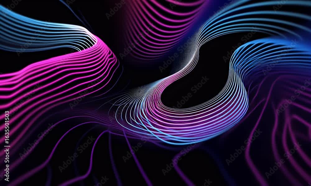 Wall mural a dark background with neon lines creating an abstract pattern of undulating waves, with glowing edg