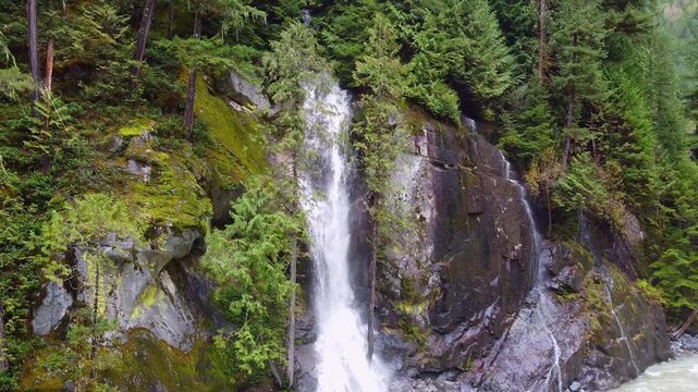 Small waterfall appears out of dense forest Pacific Northwest British Columbia Canada