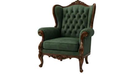 Isolated Classic Green Armchair With Wooden Detailing on Black Background