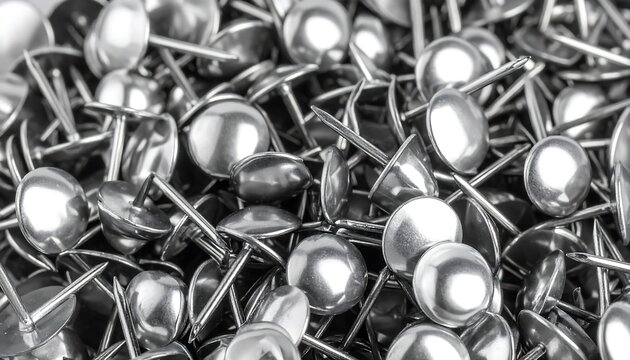 Close-up view of many small metallic tacks
