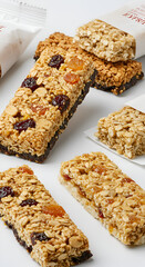 Photo of Granola Bars with Oatmeal Dried Fruits and Nuts Arrangement on White Background