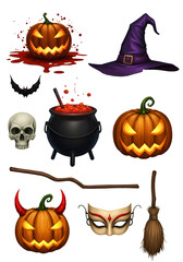 Isolated Halloween Elements with Orange Pumpkins Skull and Witch Hat Illustration
