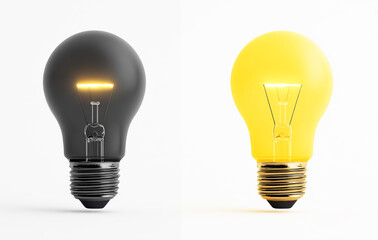 One light bulb is dark, while the other glows with a bright yellow light against a white background.