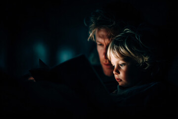 Father Child Reading Night Story Indoor Book Illuminated Light Intimacy Togetherness Parenting Family Love Sleeping Education Imagination Closeup 