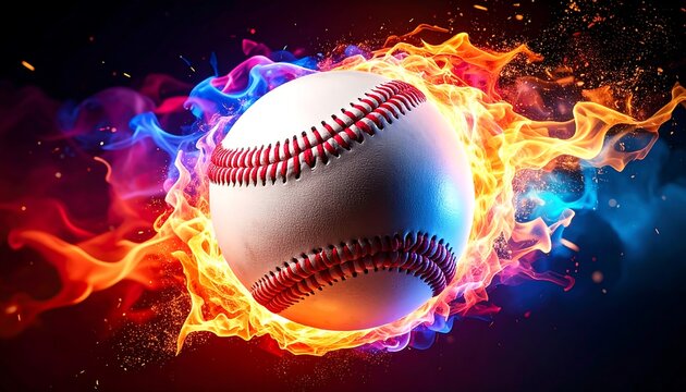 Fiery baseball engulfed in vibrant blue and orange flames against a dark background - Powered by Adobe