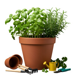 Isolated Herbal Arrangement In Terra Cotta Pots With Green Leaves And Gardening Tools