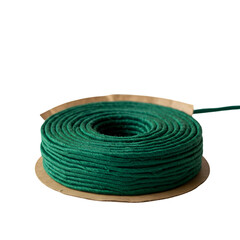 Isolated Coil of Green Rope on Brown Cardboard in Transparent Background