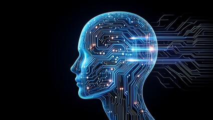 Digital representation of an illuminated human head in profile, showing glowing circuit board patterns and data streams emanating from the back, symbolizing artificial intelligence, technology
