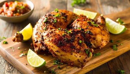 Juicy grilled chicken quarters seasoned with spices and fresh lime wedges on a rustic wooden board
