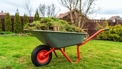 Garden maintenance concept with a wheelbarrow full of cut grass on a green lawn