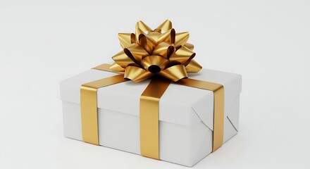 Obraz premium Elegant Gift Box with Golden Bow Isolated on White Background.