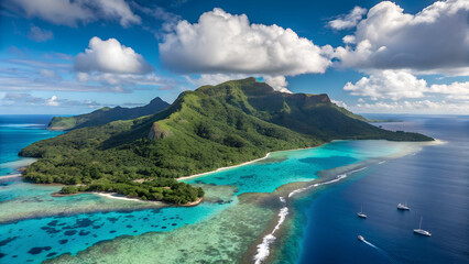 Landscape panorama of a bay with green mountains, clouds, and islands from a coast view of the blue ocean