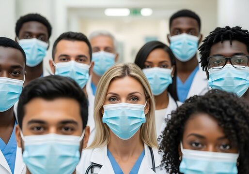 Diverse group of medical professionals wearing face masks in a hospital setting