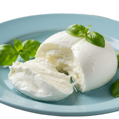 Isolated Food Photo Of Fresh White Cheese With Green Basil On Blue Plate