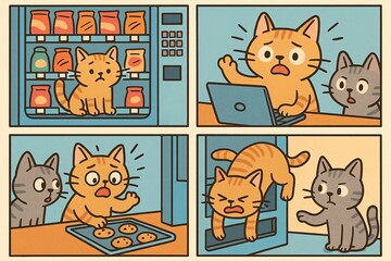 Cats enjoying snacks and playful moments.