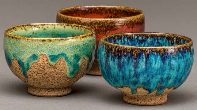 Three ceramic bowls with vibrant glazes arranged side by side, each showcasing unique color patterns from yellow ochre,