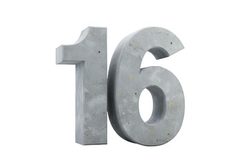 Isolated Concrete Number Sixteen Realistic 3D Illustration on Transparent Background