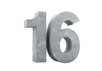Isolated Concrete Number Sixteen Realistic 3D Illustration on Transparent Background
