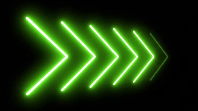 Three neon green arrows point right on a black background decreasing in brightness with distance