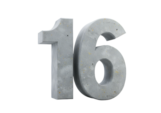 Isolated Concrete Number Sixteen Realistic 3D Illustration on Transparent Background - Powered by Adobe