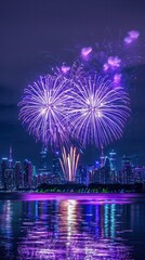 Colorful fireworks illuminate the night sky over a city skyline. Reflections shimmer on the water surface, creating a vibrant atmosphere.