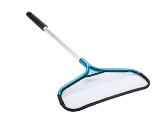 Blue pool skimmer net with telescoping handle isolated on transparent background