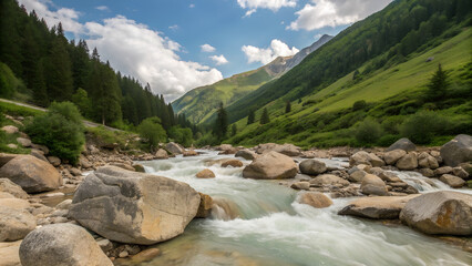 Beautiful flowing mountain river and green forest in a rocky summer valley