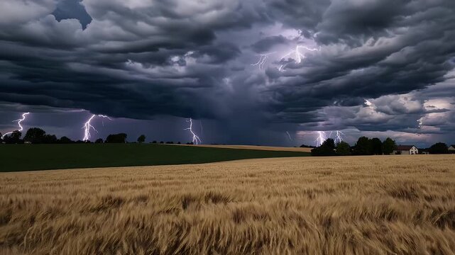 A dramatic 4K countryside timelapse showing thunderclouds forming golden wheat field creating intense contrasts light shadow ideal agricultural extreme ather