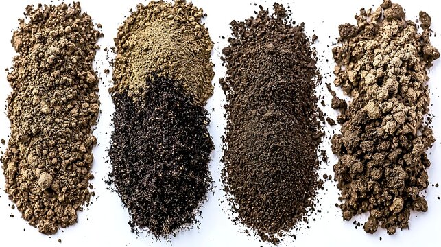 Fototapeta Distinct soil layers arranged side by side on white background, captured with 24-135mm zoom lens, macro focus on texture and color diversity