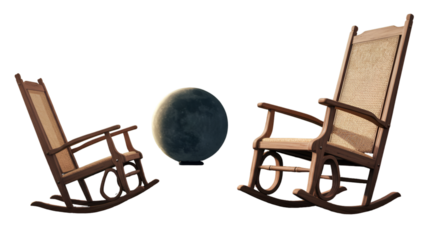 Isolated Illustration of Two Wooden Rocking Chairs with Moon on Transparent Background