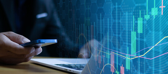 Finance concept, businessman calculates financial report with business growth graph, finance and investment concept.