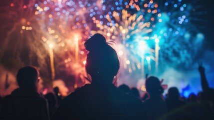 Obraz premium Silhouette of a person watching colorful fireworks in the night sky. Bright bursts of red, blue, and gold illuminate the scene, creating a festive atmosphere.
