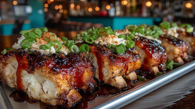 Grilled pork riblets with charred edges, glazed in a rich sauce, garnished with broccoli florets and chopped chives,