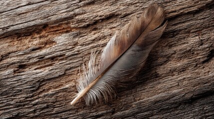 A single brown feather rests on a textured wooden surface. The feather displays intricate details and natural colors, highlighting its delicate structure.