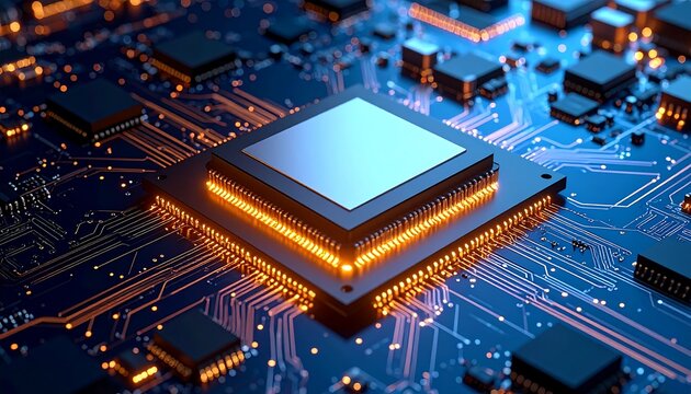 Close-up of a computer circuit board with a central processor