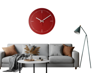 Isolated Interior Scene with Red Clock Grey Sofa and Modern Lamp