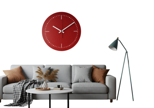 Isolated Interior Scene with Red Clock Grey Sofa and Modern Lamp