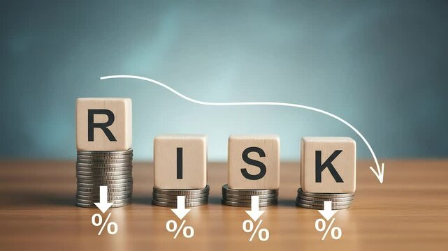 Wooden cubes spelling risk on stacks of coins with downward arrows depict financial loss and economic decline