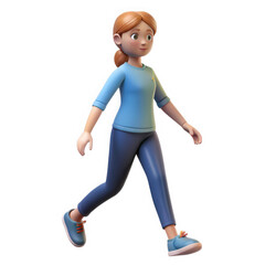 Cartoon woman walking with red hair and blue outfit isolated on a transparent background